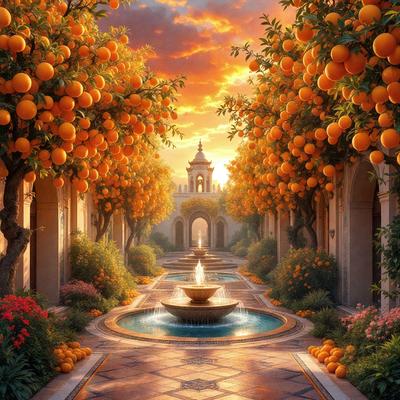 The primary subject of the image is a beautifully designed garden with a fountain in the middle. The garden is filled with orange trees, and the fountain is surrounded by a variety of flowers. The setting is a sunny day, and the visual style is a combination of digital art and illustration. The colors and mood of the image are warm and inviting, creating a serene and picturesque atmosphere.
